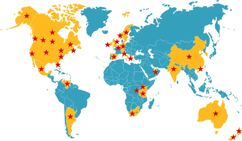 World map with markers representing places in the world HUG has helped people